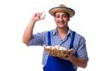 The man with a straw hat and eggs Royalty Free Stock Photo