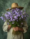 Man in straw hat hiding behind a huge bouquet of purple bellflowers. Mature person holding a big bouquet. Generative AI