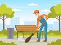 Man Street Cleaner or Garbageman in Orange Uniform Sweeping Yard Ground with Broom Vector Illustration