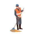 Man street cleaners cartoon character wearing uniform sweeping fallen autumn leaves with rake