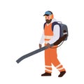 Man street cleaners cartoon character wearing uniform using machine to remove leaves from street
