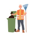 Man street janitor public service worker cartoon character throwing packet with dry foliage