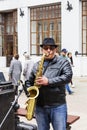 Russia, Kazan, may 1, 2018, a man on the street playing the trumpet, editorial
