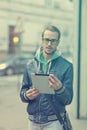 Man On Street Use Ipad Tablet Computer Royalty Free Stock Photo