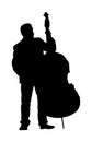 Man on street vector silhouette illustration playing contra-bass. Music man standing on the concert event. Contra bass artist.