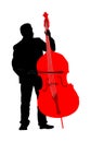 Man on street vector silhouette illustration playing contra-bass. Music man standing on the concert event. Contra bass artist.