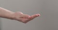 Man stretches empty cupped hand on neutral background Royalty Free Stock Photo