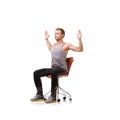 Man, stretching and hands on chair in studio for exercise, workout or posture training with concentration. Person Royalty Free Stock Photo