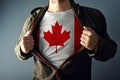 Man stretching jacket to reveal shirt with Canada flag