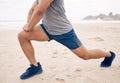 Man, stretching and legs on beach, exercise and warm up for fitness, ready and workout by ocean. Male person, sports and Royalty Free Stock Photo