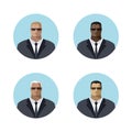 A man in a strict black suit, dark glasses and a tie of different races, skin and hair colors