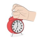 The man strikes his hand on the alarm clock. get up early. vector illustration. Royalty Free Stock Photo
