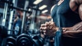 Man with strong muscles and hands enter at the gym for a workout. Generative ai