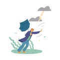 Man struggle against wind with his broken umbrella blown away, vector illustration. Thunderstorm and windy storm weather