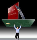 A man struggles to hold up a giant credit card that represent credit card debt.