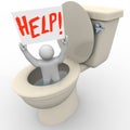 Man Stuck in Toilet Holding Help Sign