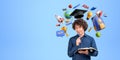 Man student with curios look and educational icons on empty blue background