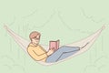 Man student in hammock reads book enjoy outdoor recreation in park with green trees