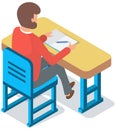Man student sitting at desk back view. Classroom student sitting at table and writing in notebook
