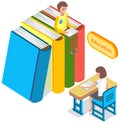 Man student sitting and reading on huge pile of books. University education and knowledge concept