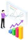 Man study complex diagram on background. Indicators shown on statictical poster. Guy works with data Royalty Free Stock Photo