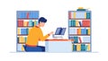 Man Studying with Laptop & Bookshelves, Focused Remote Learning, vector design Generative AI Royalty Free Stock Photo