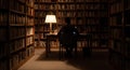 Man Studying at Night in Dark Library Setting Royalty Free Stock Photo