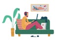 Man studying remotely sitting on couch, flat vector illustration isolated. Royalty Free Stock Photo