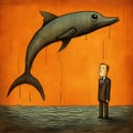 Metaphoric Artwork: A Man In A Suit Contemplating A Dolphin