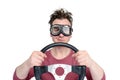 Man in stylish goggles with steering wheel isolated on white background, car driver concept Royalty Free Stock Photo