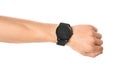 Man with stylish wrist watch on white background, closeup Royalty Free Stock Photo