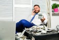 Man successful businessman phone conversation ask service. Businessman rich bearded guy sit office with lot of cash Royalty Free Stock Photo