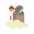 Man suffering from acrophobia, guy feeling fear of heights, human fear concept vector Illustration on a white background