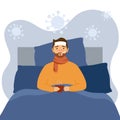 Man suffering from flu in bed with scarf under blanket. He has fever and take thermometer in mouth. Corona virus influenza disease