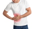 Man suffering from liver pain on white background, closeup Royalty Free Stock Photo