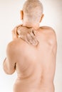 Man suffering of thoracic vertebrae or trapezius muscle pain Royalty Free Stock Photo