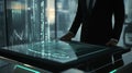Man in suit analyzing data on interactive table with digital interface Royalty Free Stock Photo