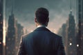 A man in a suit on the background of skyscrapers in the evening. AI generative Royalty Free Stock Photo