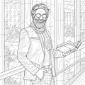 A man in a suit with a beard and glasses stands with a book at the window.Coloring book antistress for children and