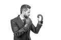 man in suit and boxing gloves at corporate business battle isolated on white, business fight.