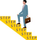 The man in the suit with briefcase up the stairs with inscription `step` for each step