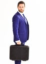 Man in suit or businessman with serious face holds briefcase Royalty Free Stock Photo