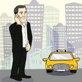 Man in suit catching taxi on the street. Vector