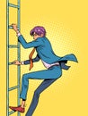 A man in a suit climbs or descends a ladder. Career ladder requires work and effort. Striving to reach your goal. Pop