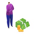 Man in suit contemplating wealth, stacks of money and coins, financial success concept. Wealth management and investment