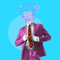 Man in a suit with doodles art over head o vivid blue background, Contemporary art collage. Creative professional ideas