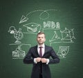 Man in suit and education icons on blackboard Royalty Free Stock Photo