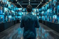 Man in a suit facing a wall of digital screens