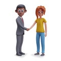 Man in suit and girl in jeans shake hands. Businessman and freelancer make deal