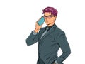 A man in a suit and glasses is talking on the phone. Serious conversation. A professional in his field. Resolving the Royalty Free Stock Photo